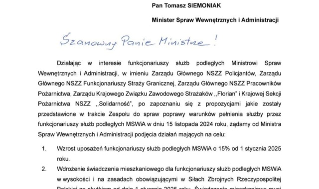 Wszystkie centrale związkowe służb podległych Ministerstwu Spraw Wewnętrznych i Administracji we wspólnym stanowisku apelują o poprawę warunków pełnienia służby