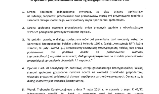 Strona Społeczna Trójstronnego Zespołu ds. Ochrony Zdrowia apeluje o przestrzeganie zasad dialogu społecznego