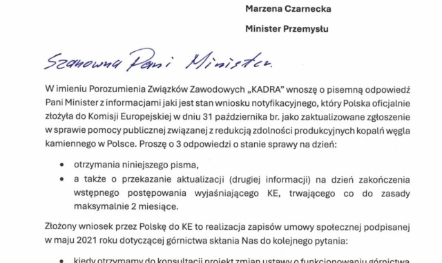 Porozumienie Związków Zawodowych „KADRA” zwraca się do Ministerstwa Przemysłu o informacje na temat wniosku notyfikacyjnego dotyczącego wsparcia dla górnictwa