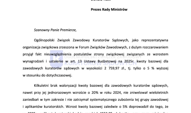 Ogólnopolski Związek Zawodowy Kuratorów Sądowych apeluje do premiera ws. podwyżek w 2025 roku