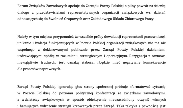 Stanowisko Forum Związków Zawodowych ws. protestu organizacji związkowych w siedzibie Poczty Polskiej