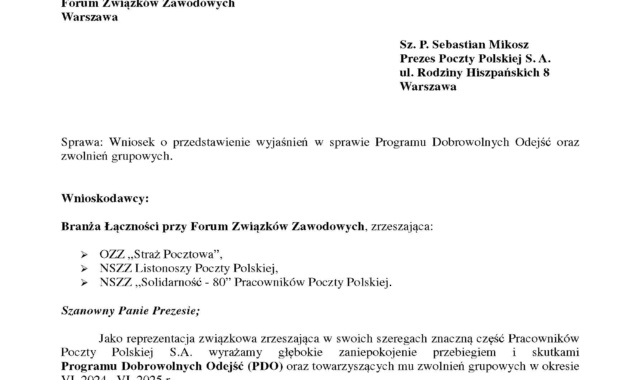 Branża Łączności FZZ w piśmie do Prezesa Poczty Polskiej: wyrażamy głębokie zaniepokojenie przebiegiem i skutkami Programu Dobrowolnych Odejść (PDO) oraz towarzyszących mu zwolnień grupowych